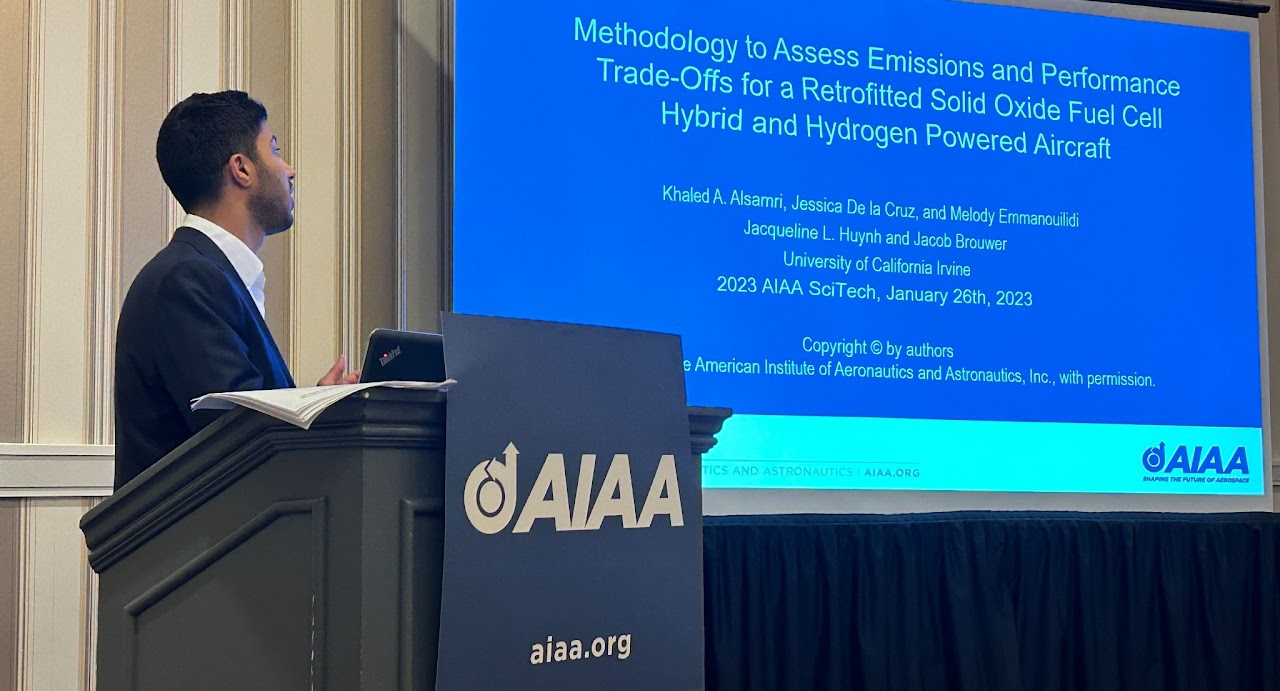 Dr. Khaled AlSamri presenting hydrogen aircraft research at the AIAA SciTech Forum